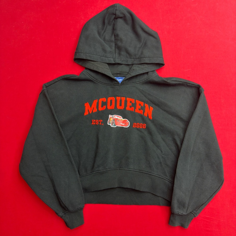 VTG 2006 Pixar Cars Lightning McQueen Cropped Hoodie Black Red Embroidered Small